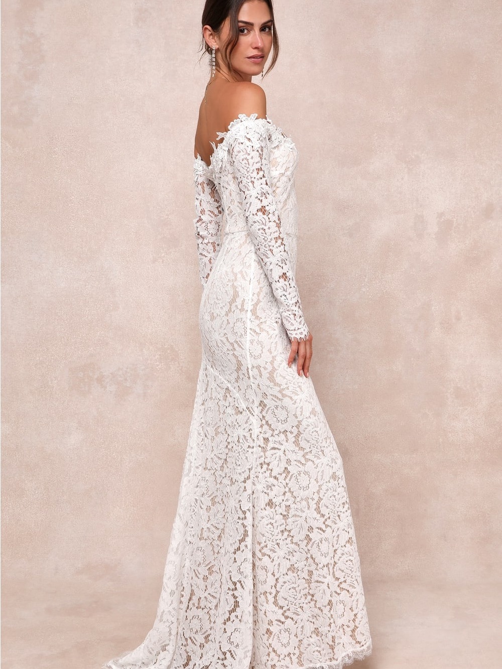 LIKE NEW Lulus Romance Dreamer White Lace Off-Shoulder Maxi Dress - Worn Once - Picture 3 of 10
